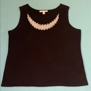 JM COLLECTION pearl embellished ribbed tank top black stretchy soft NEW size XL